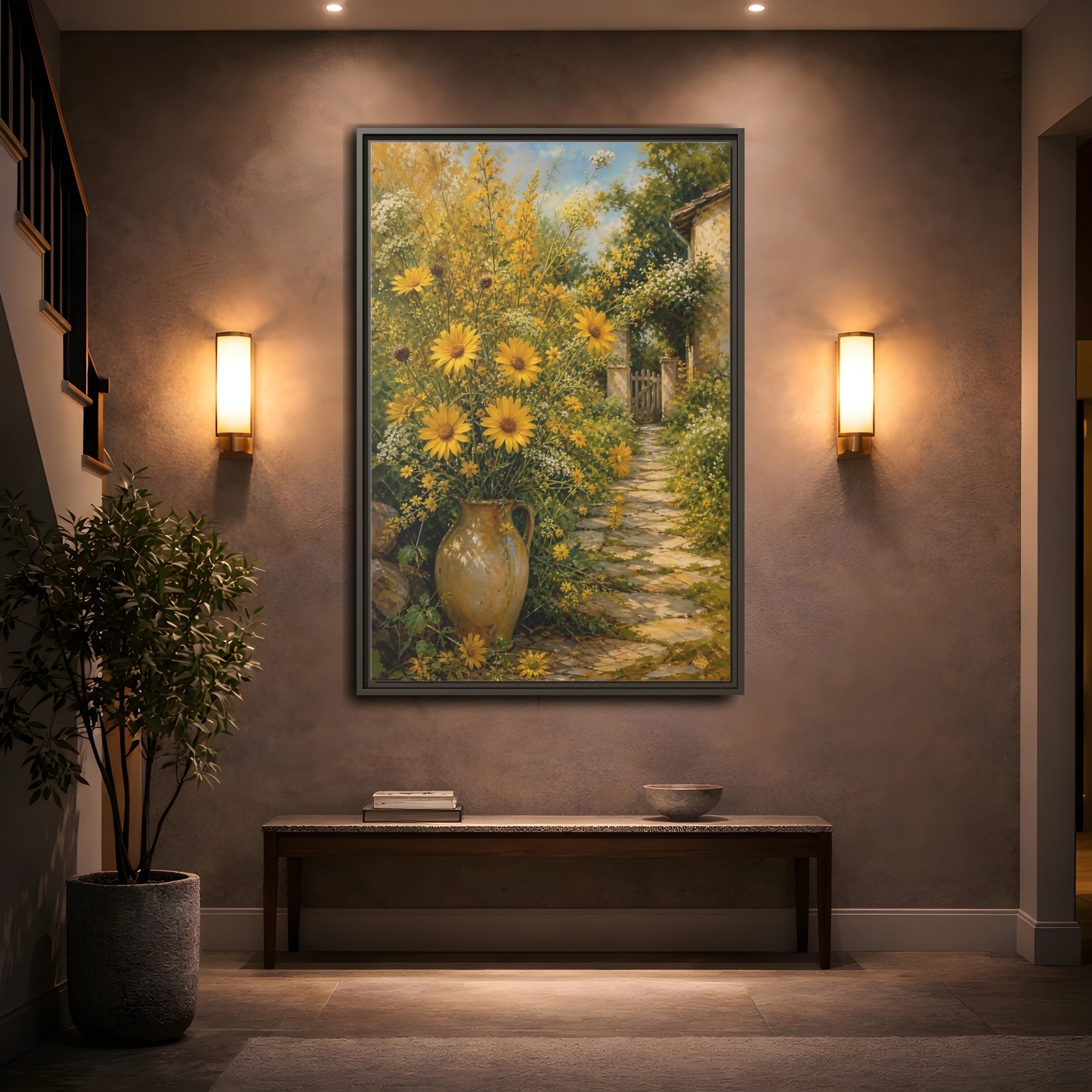 Mockup 2. Floral Yellow Flowers Yellow Garden shown as stretched canvas wall art