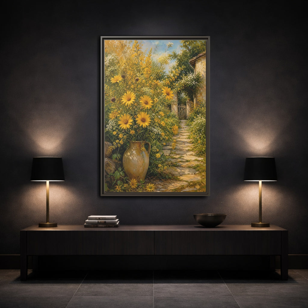 Mockup 3. Floral Yellow Flowers Yellow Garden shown as stretched canvas wall art