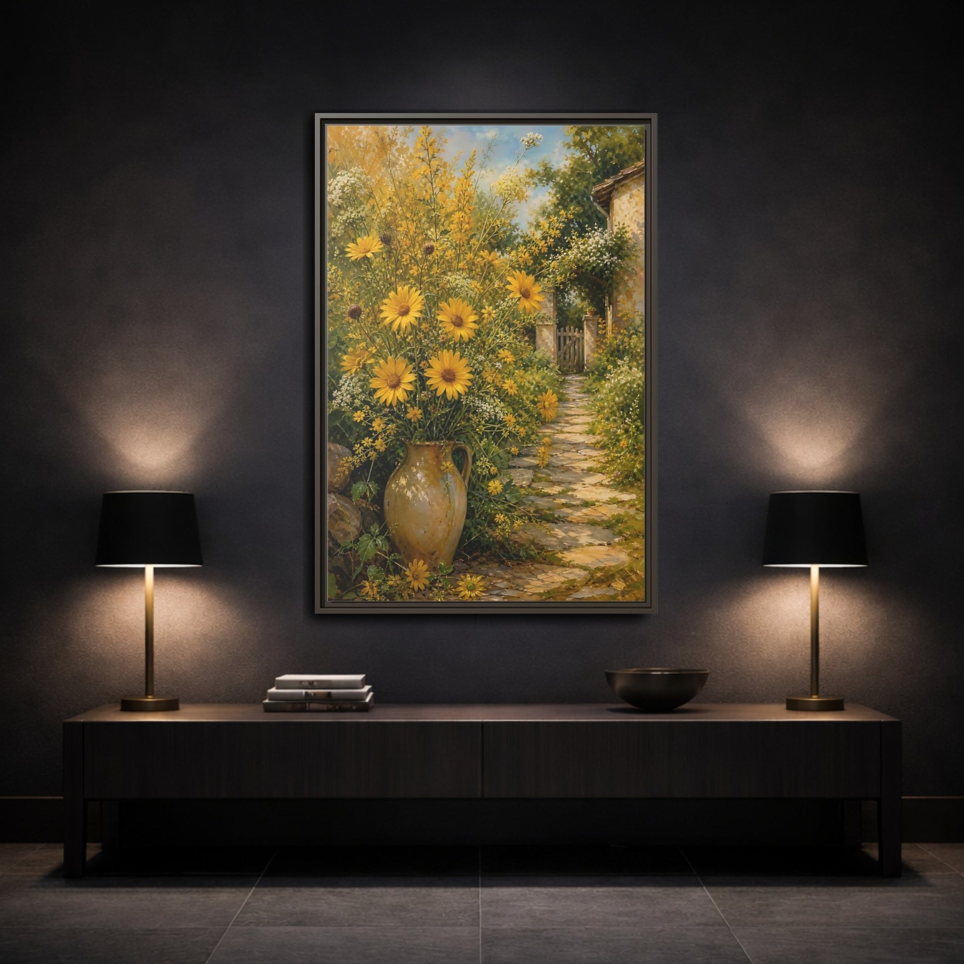 Mockup 3. Floral Yellow Flowers Yellow Garden shown as stretched canvas wall art