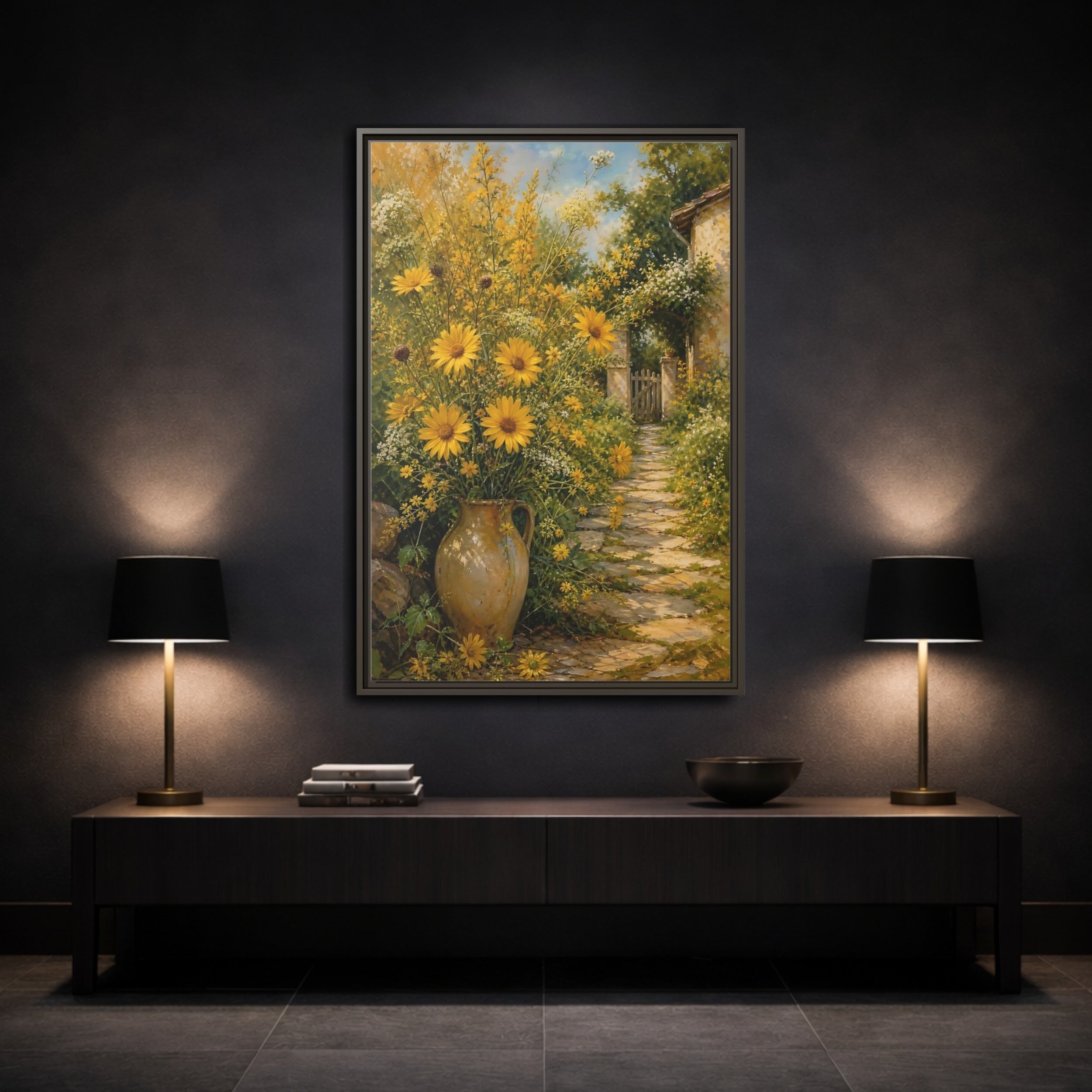 Mockup 3. Floral Yellow Flowers Yellow Garden shown as stretched canvas wall art