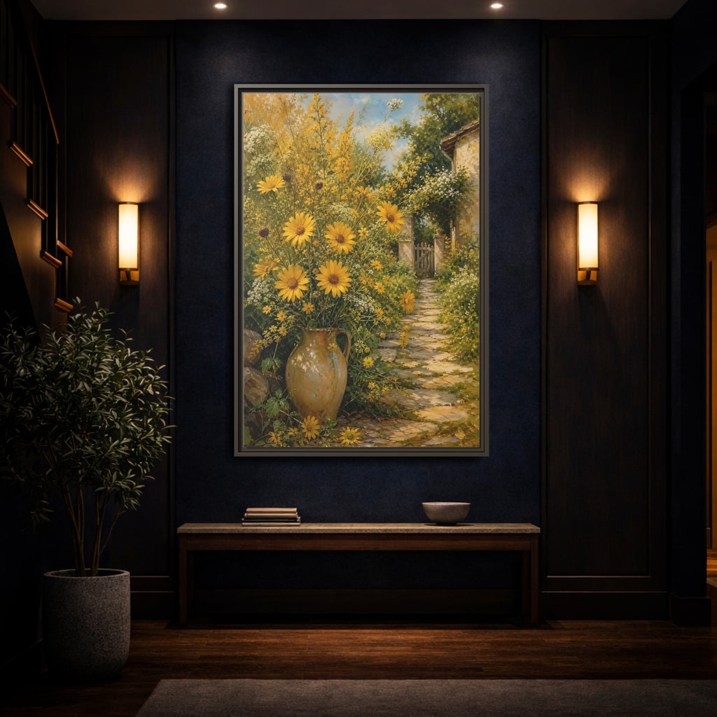Mockup 4. Floral Yellow Flowers Yellow Garden shown as stretched canvas wall art