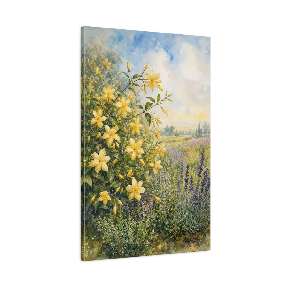 Main Mockup. Floral Yellow Flowers Yellow Lavender Field shown as stretched canvas wall art