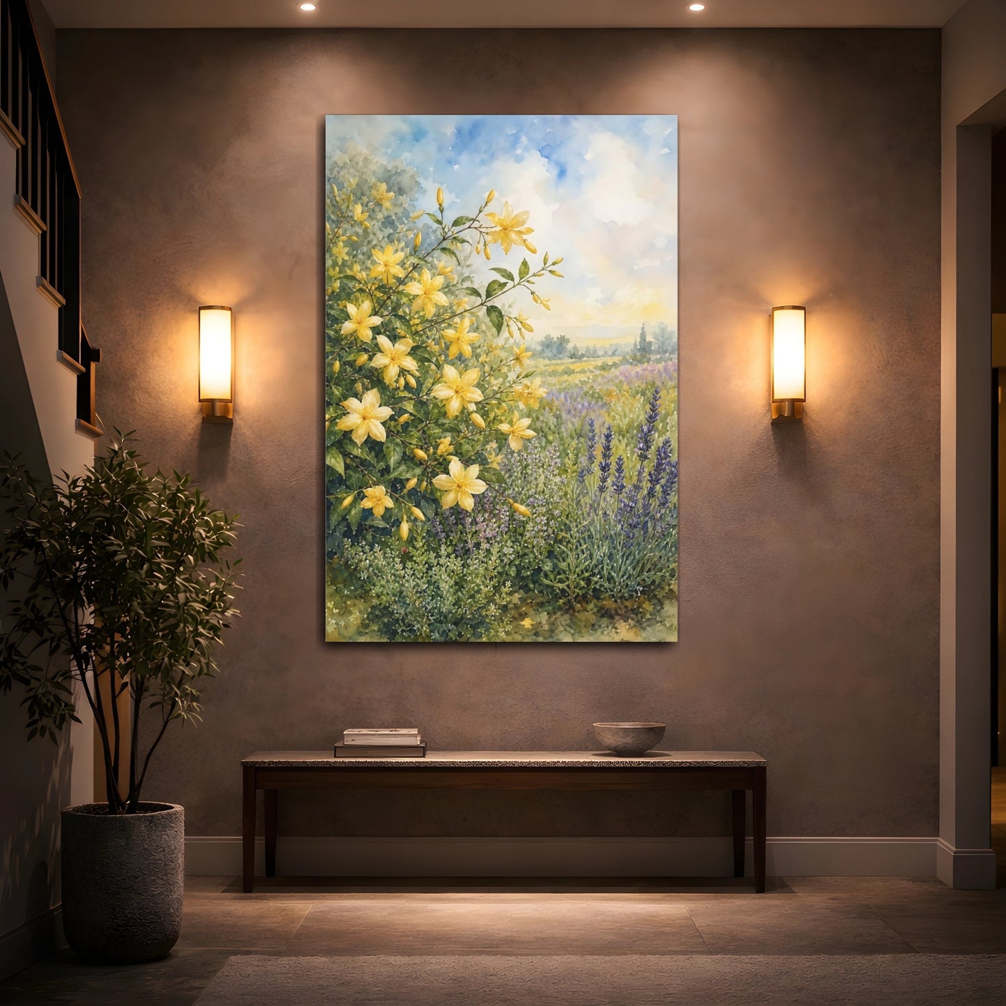 Mockup 2. Floral Yellow Flowers Yellow Lavender Field shown as stretched canvas wall art