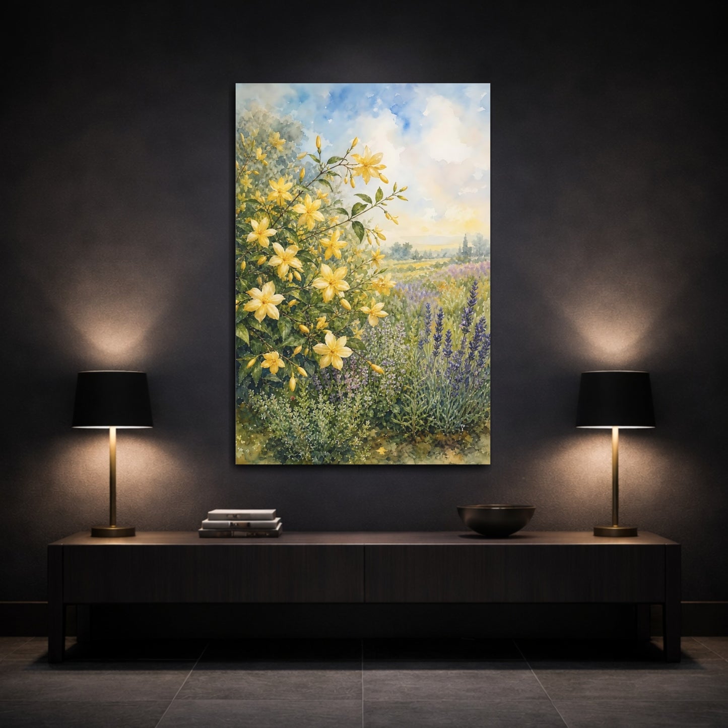 Mockup 3. Floral Yellow Flowers Yellow Lavender Field shown as stretched canvas wall art