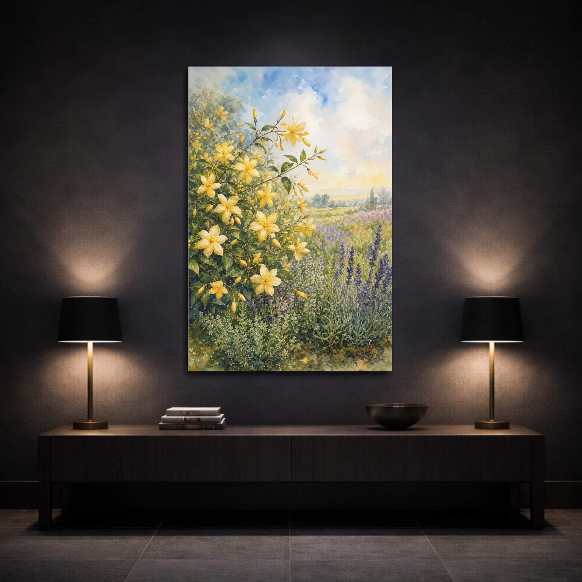 Mockup 3. Floral Yellow Flowers Yellow Lavender Field shown as stretched canvas wall art