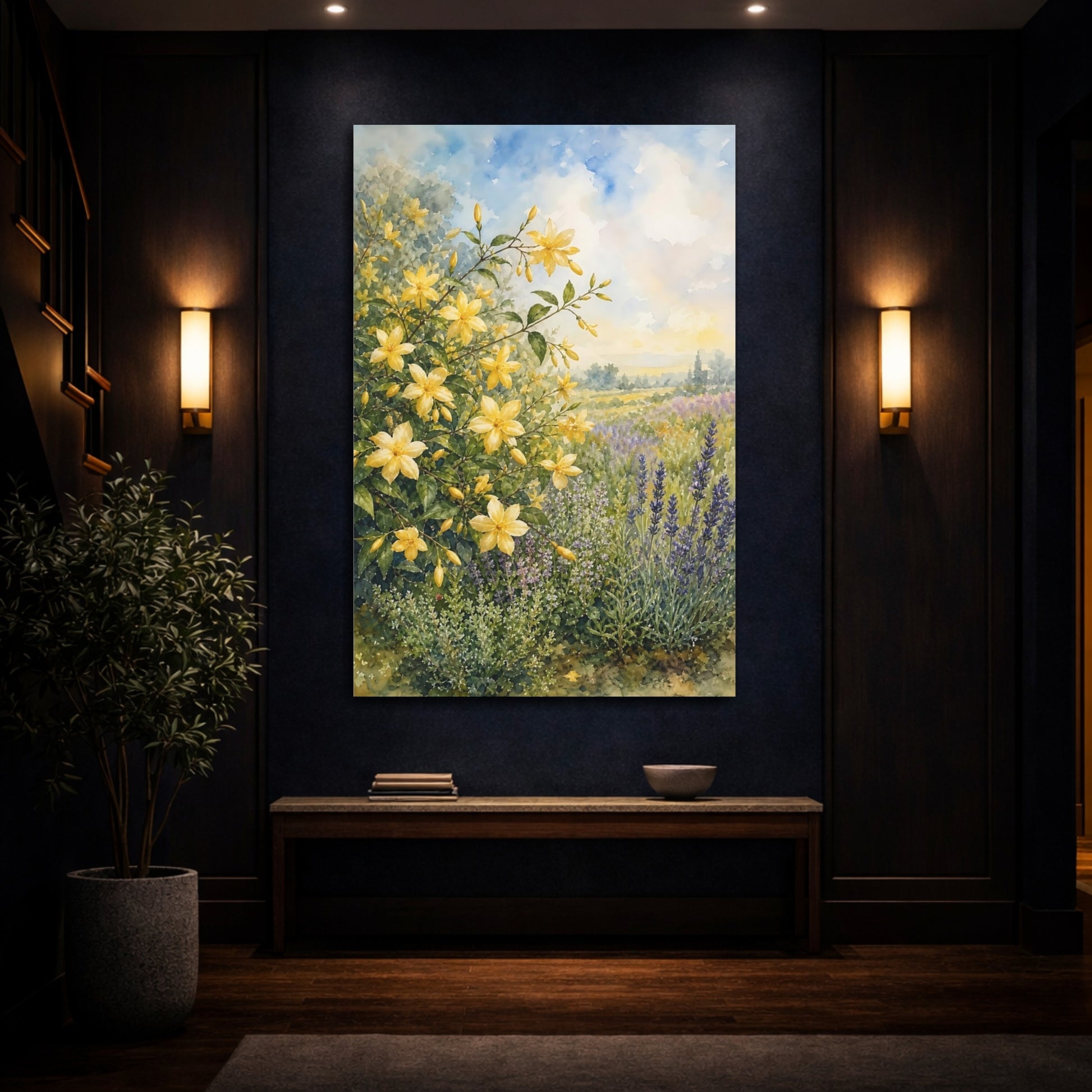 Mockup 4. Floral Yellow Flowers Yellow Lavender Field shown as stretched canvas wall art