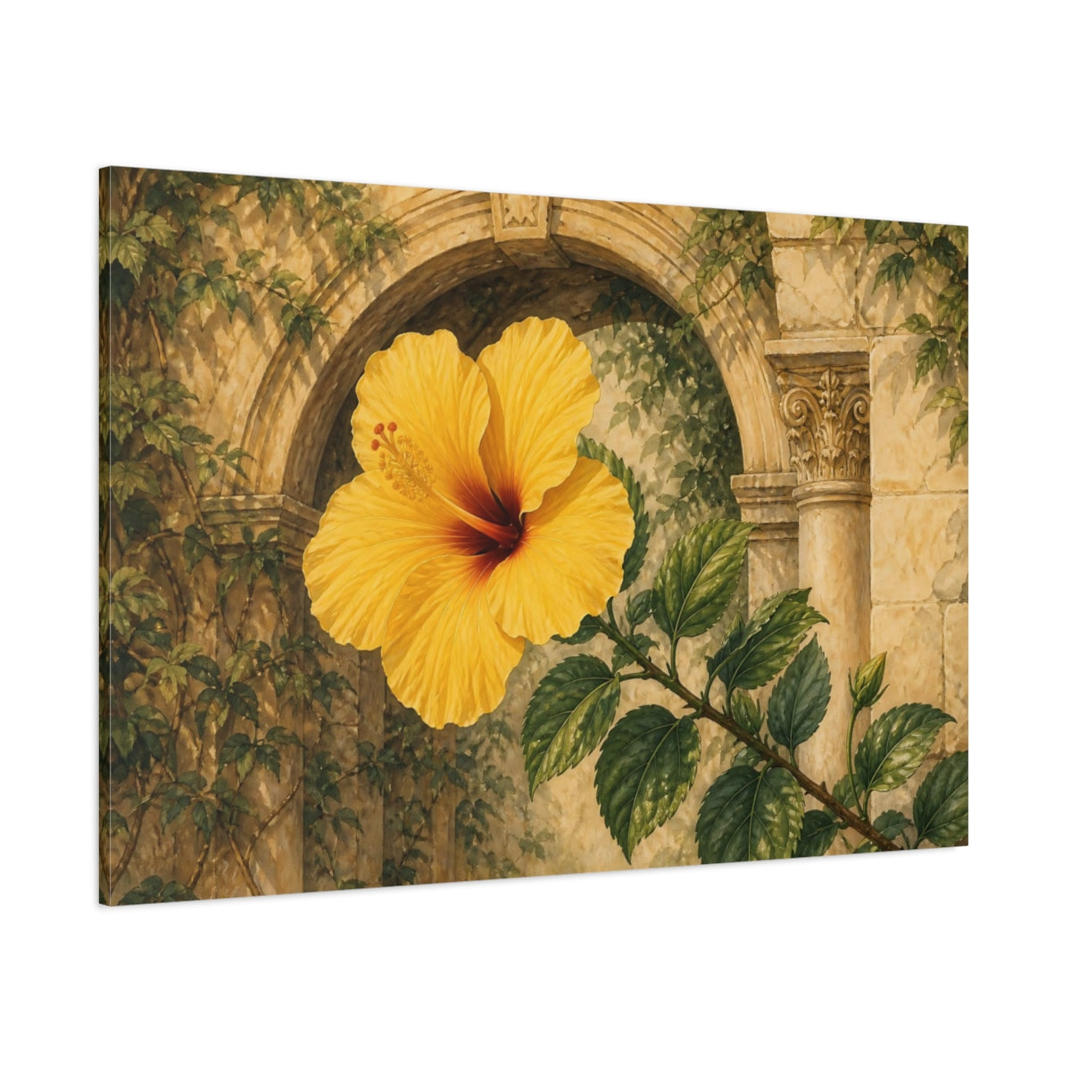 Side Mockup 1. Floral Yellow Hibiscus Yellow Floral shown as stretched canvas wall art