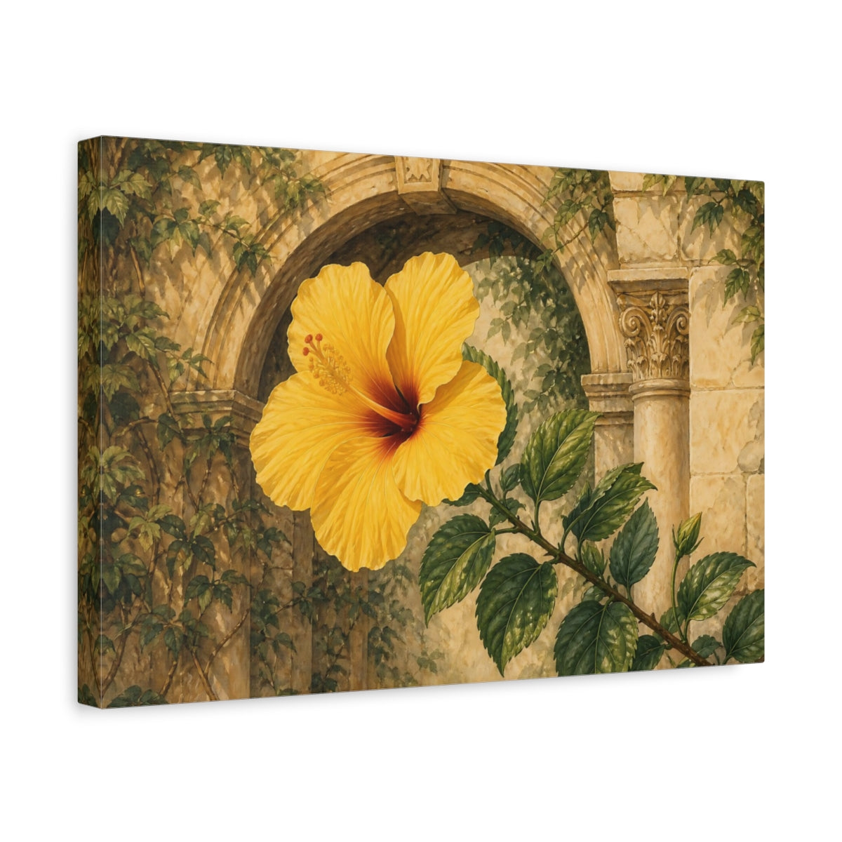 Side Mockup 4. Floral Yellow Hibiscus Yellow Floral shown as stretched canvas wall art