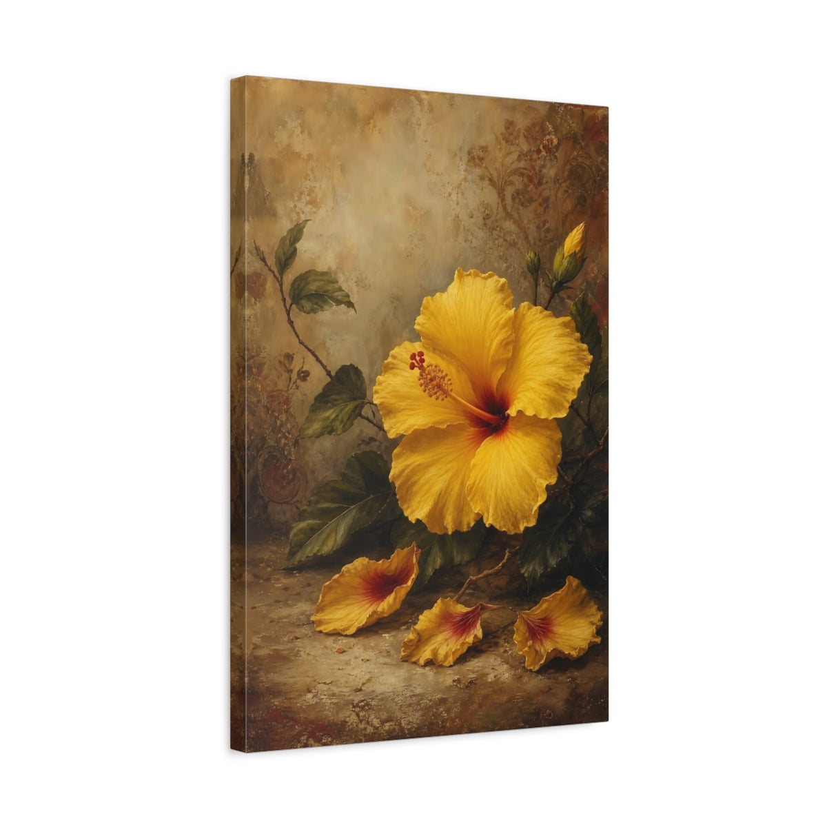 Side Mockup 3. Floral Yellow Hibiscus Yellow Hibiscus Floral shown as stretched canvas wall art