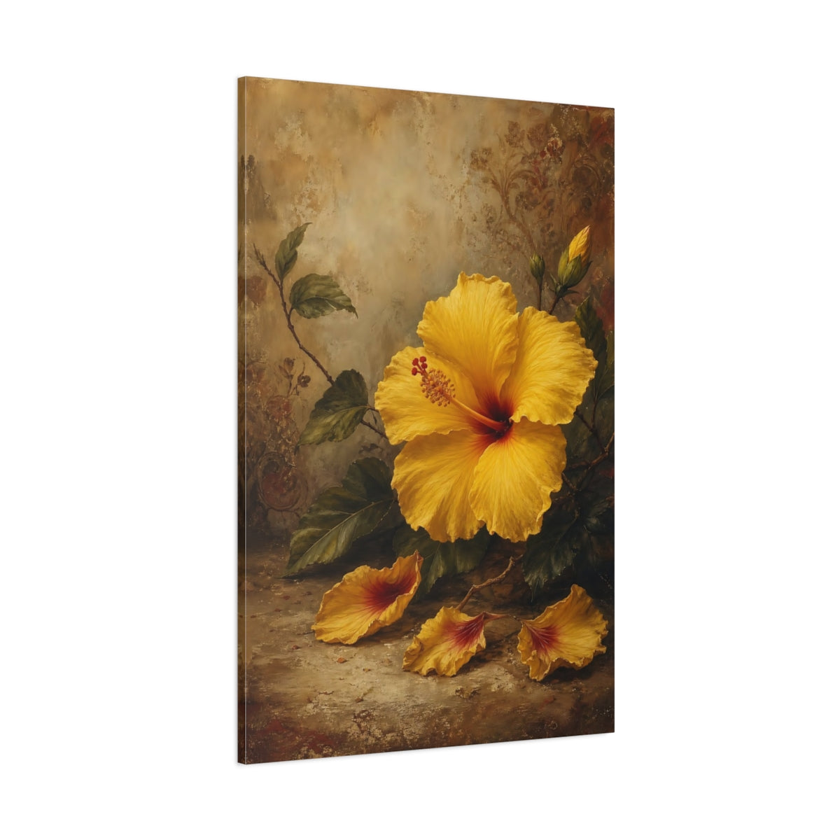 Side Mockup 1. Floral Yellow Hibiscus Yellow Hibiscus Floral shown as stretched canvas wall art