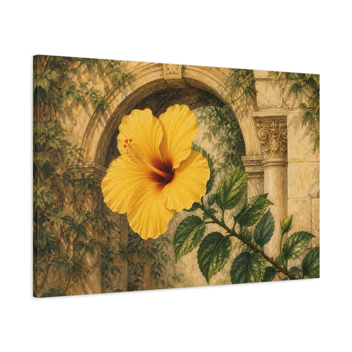Main Mockup. Floral Yellow Hibiscus Yellow Floral shown as stretched canvas wall art
