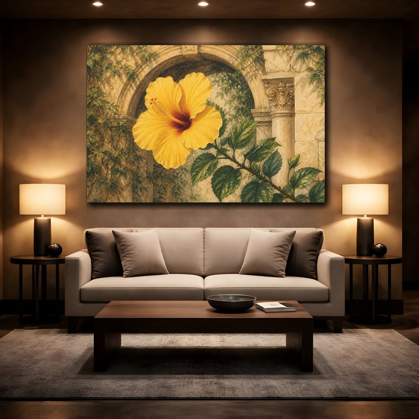 Mockup 2. Floral Yellow Hibiscus Yellow Floral shown as stretched canvas wall art