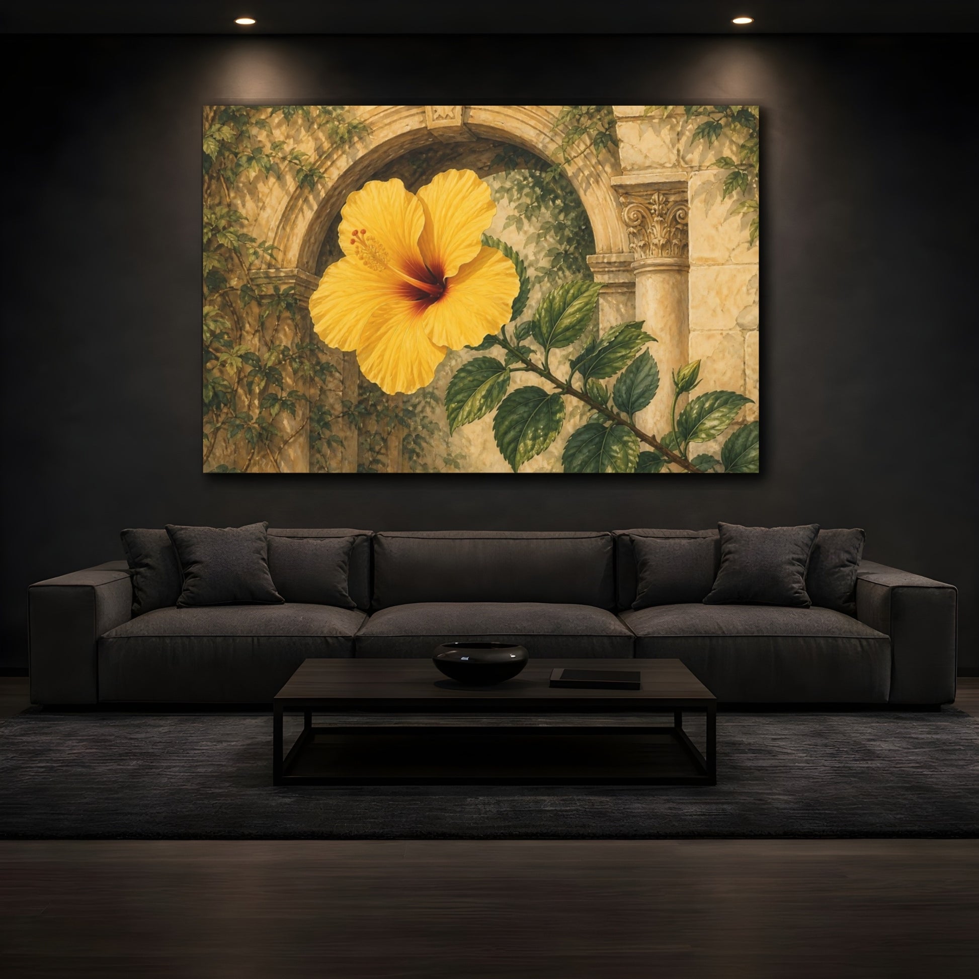 Mockup 3. Floral Yellow Hibiscus Yellow Floral shown as stretched canvas wall art