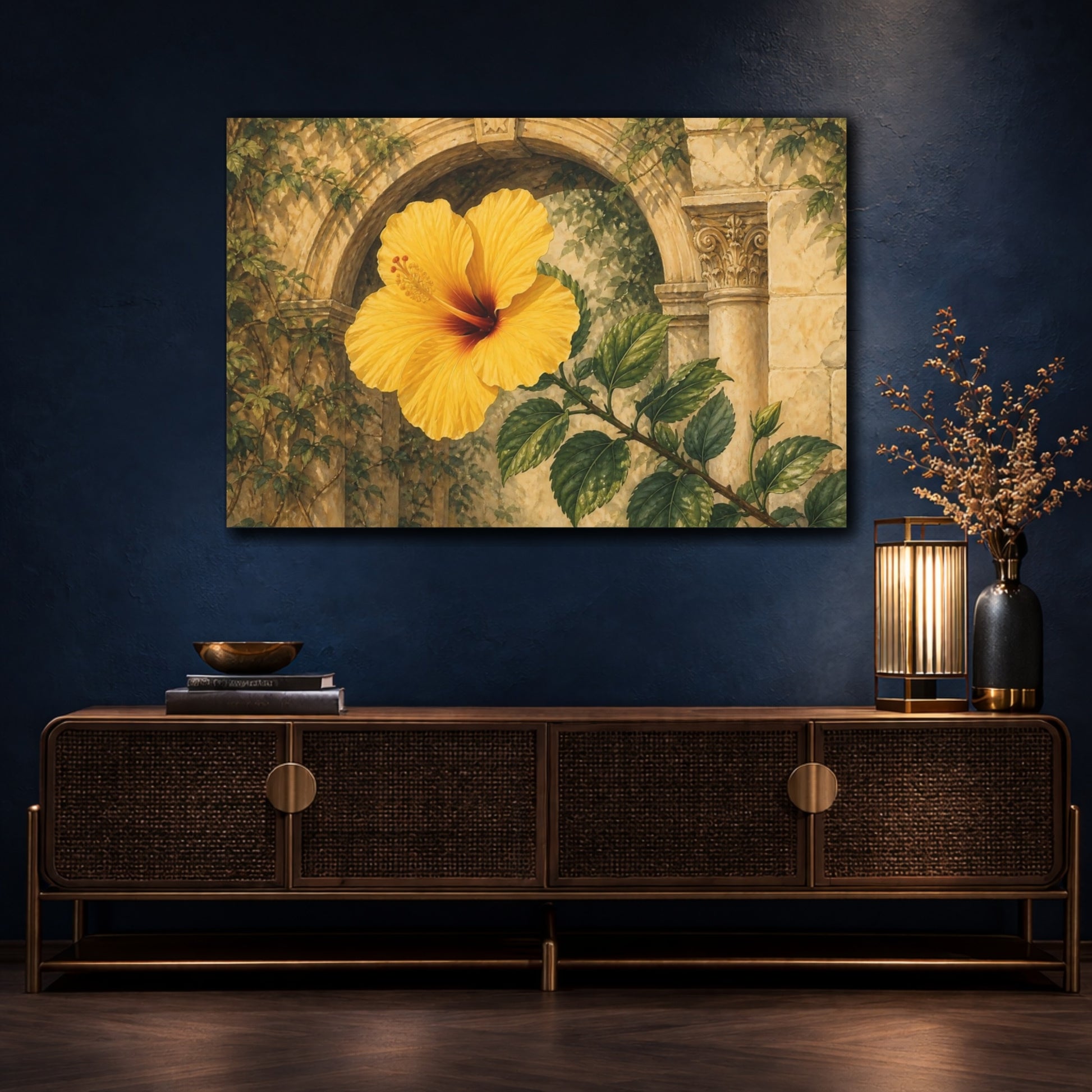 Mockup 4. Floral Yellow Hibiscus Yellow Floral shown as stretched canvas wall art