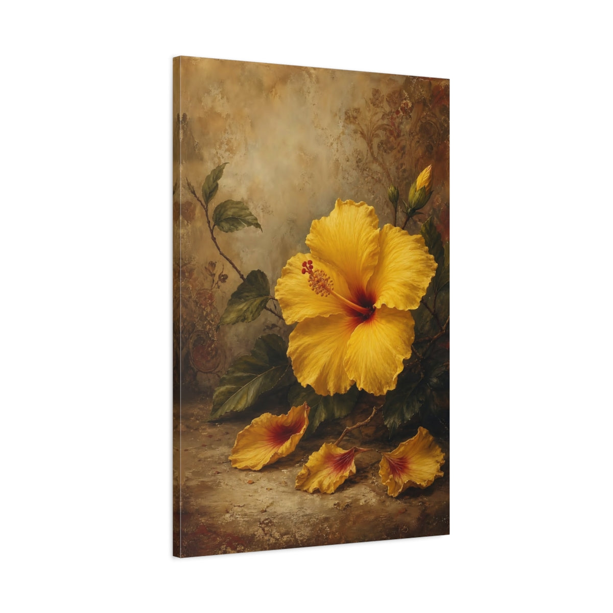 Main Mockup. Floral Yellow Hibiscus Yellow Hibiscus Floral shown as stretched canvas wall art
