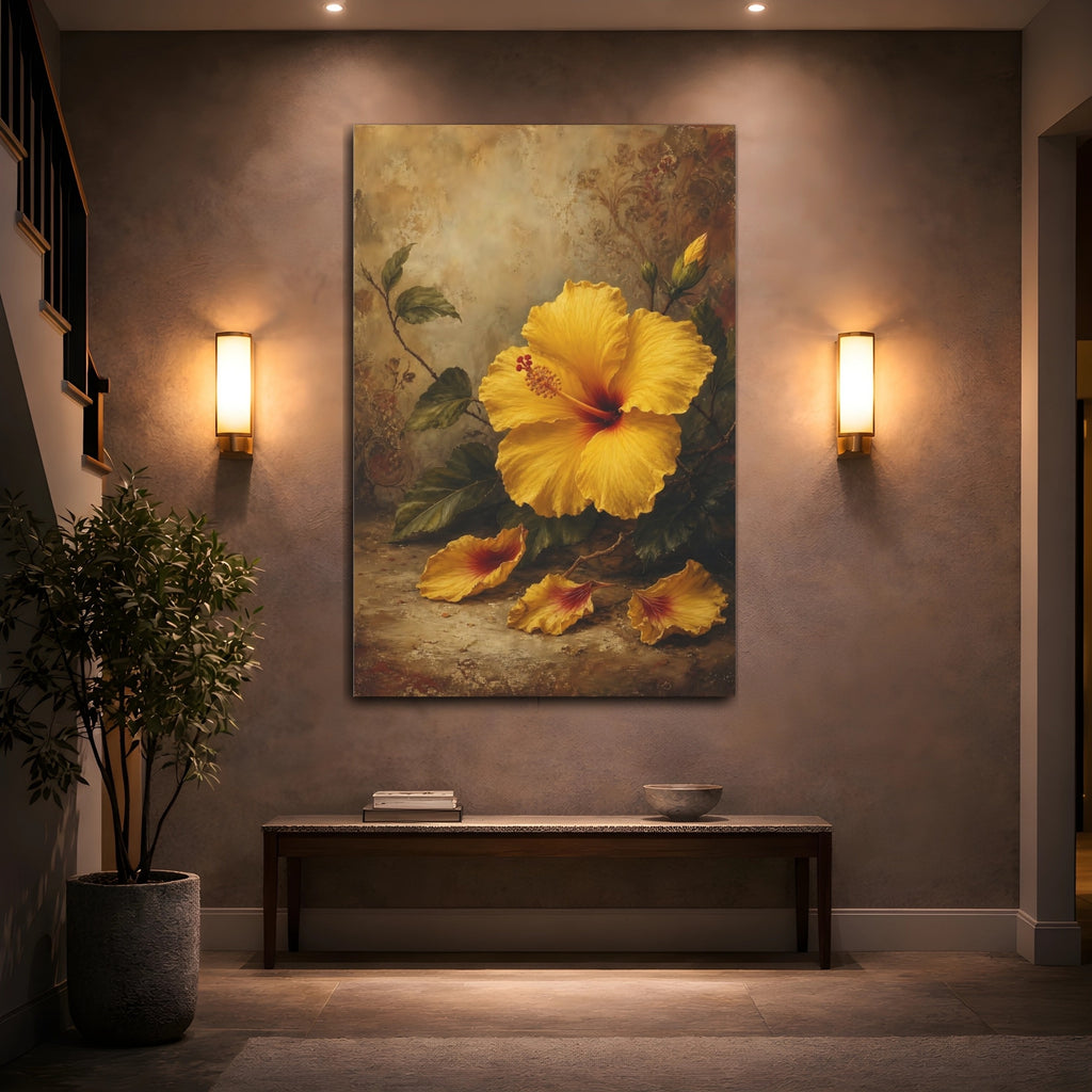 Mockup 2. Floral Yellow Hibiscus Yellow Hibiscus Floral shown as stretched canvas wall art