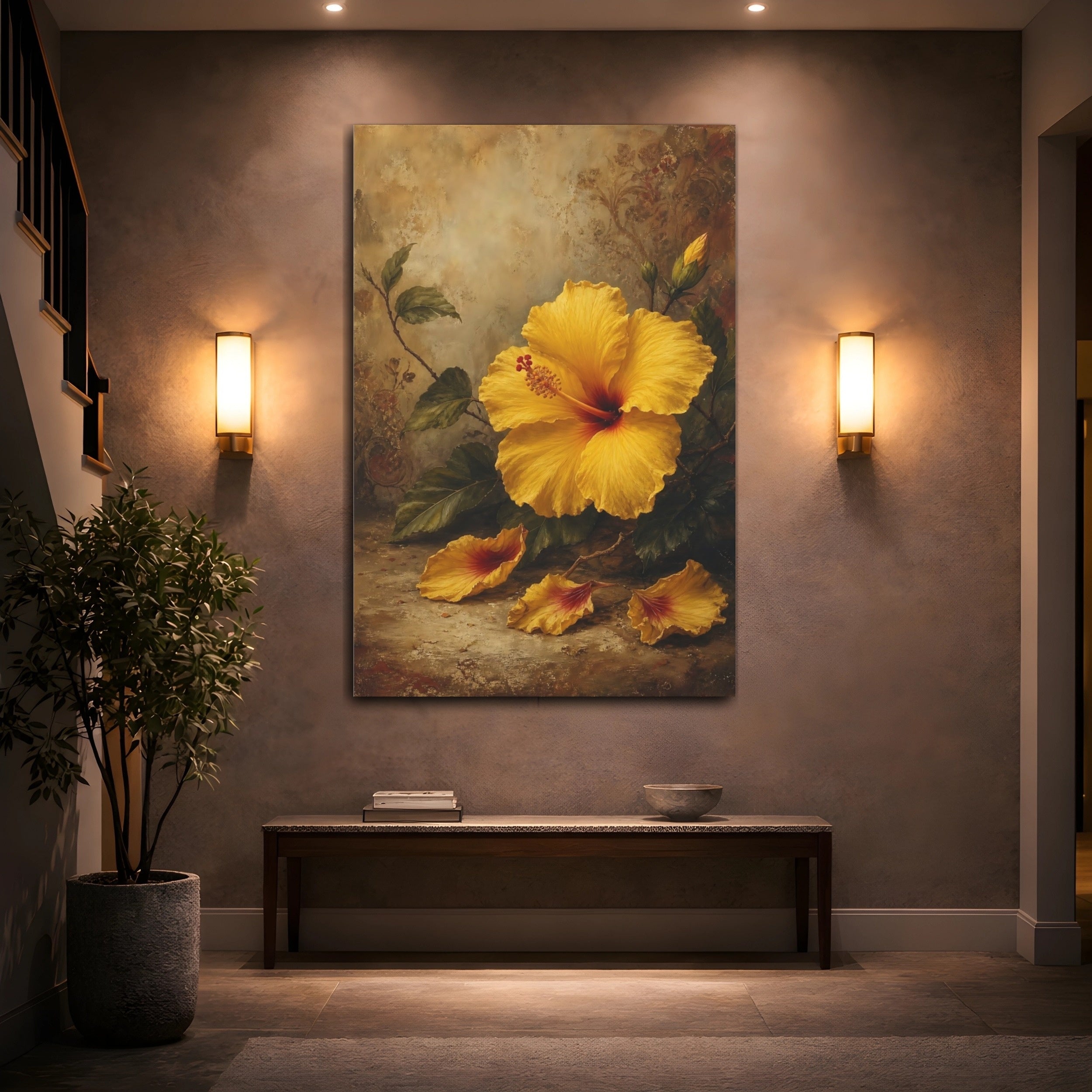 Mockup 2. Floral Yellow Hibiscus Yellow Hibiscus Floral shown as stretched canvas wall art