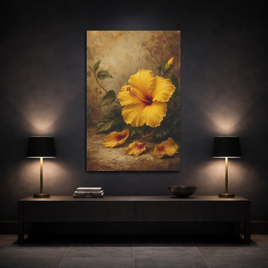 Mockup 3. Floral Yellow Hibiscus Yellow Hibiscus Floral shown as stretched canvas wall art