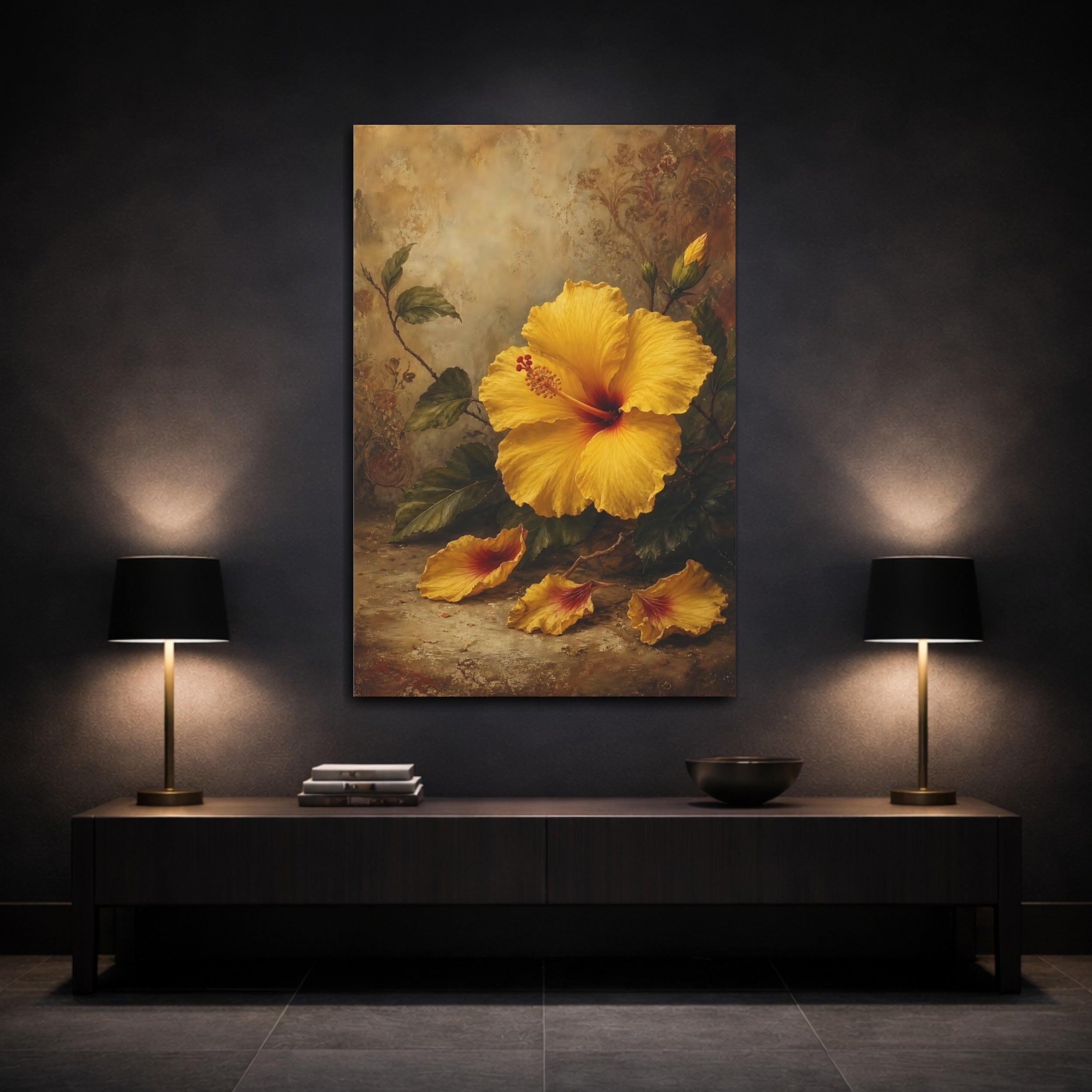 Mockup 3. Floral Yellow Hibiscus Yellow Hibiscus Floral shown as stretched canvas wall art