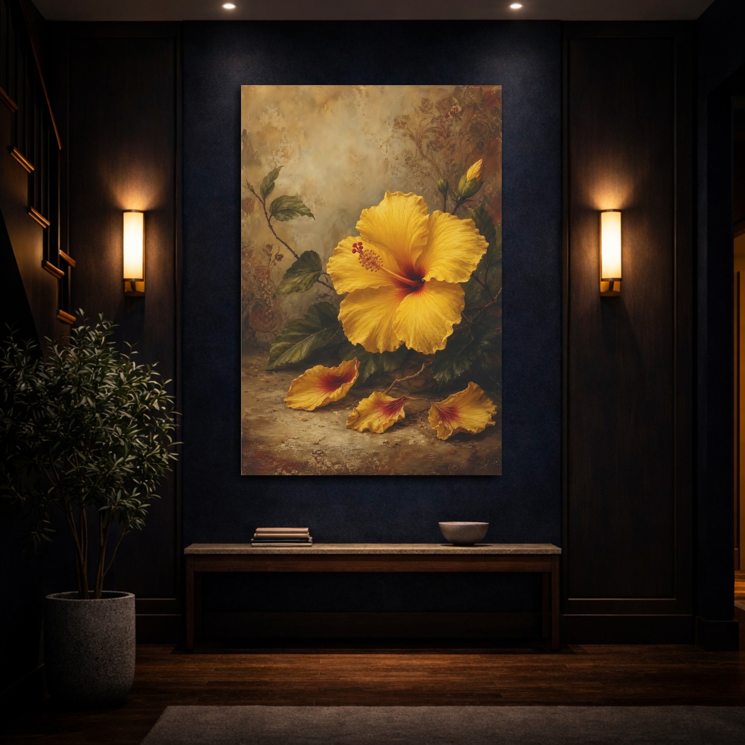 Mockup 4. Floral Yellow Hibiscus Yellow Hibiscus Floral shown as stretched canvas wall art