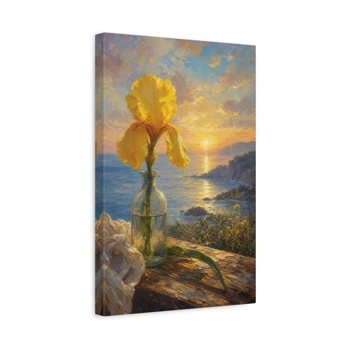 Side Mockup 4. Floral Yellow Iris Yellow Floral Sunset shown as stretched canvas wall art