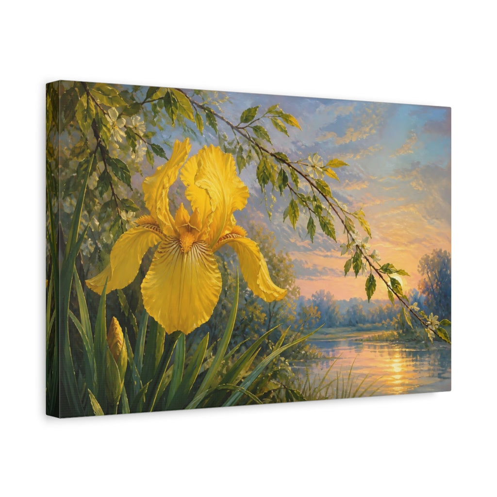 Side Mockup 4. Floral Yellow Iris Yellow Iris Sunset shown as stretched canvas wall art