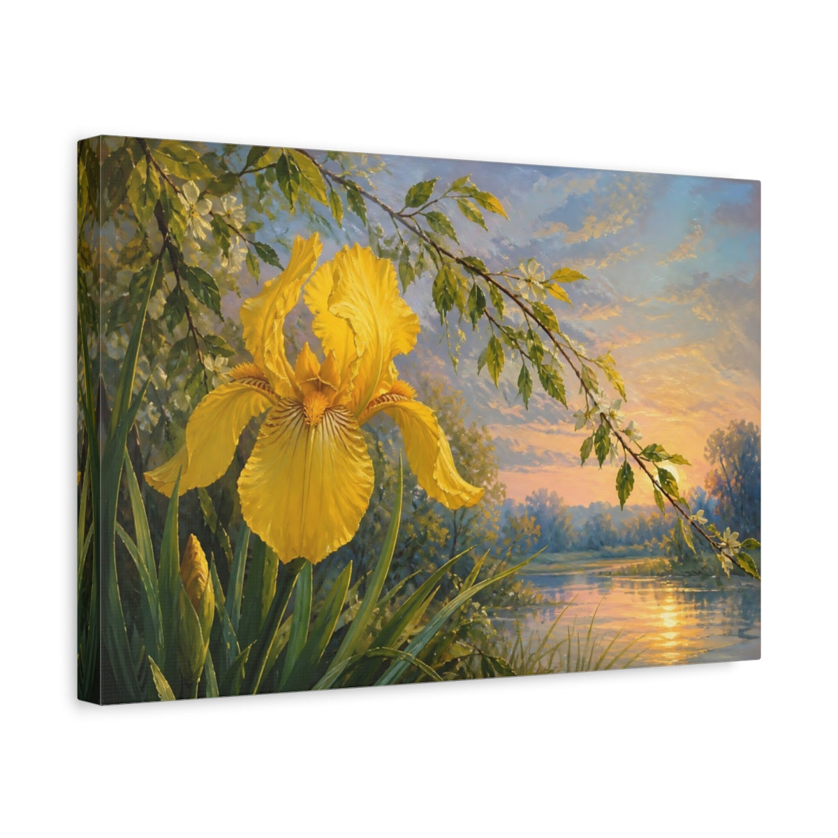 Side Mockup 4. Floral Yellow Iris Yellow Iris Sunset shown as stretched canvas wall art
