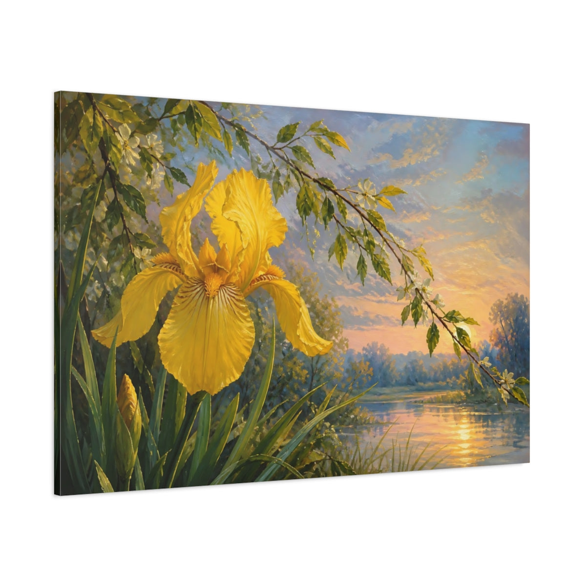 Side Mockup 1. Floral Yellow Iris Yellow Iris Sunset shown as stretched canvas wall art