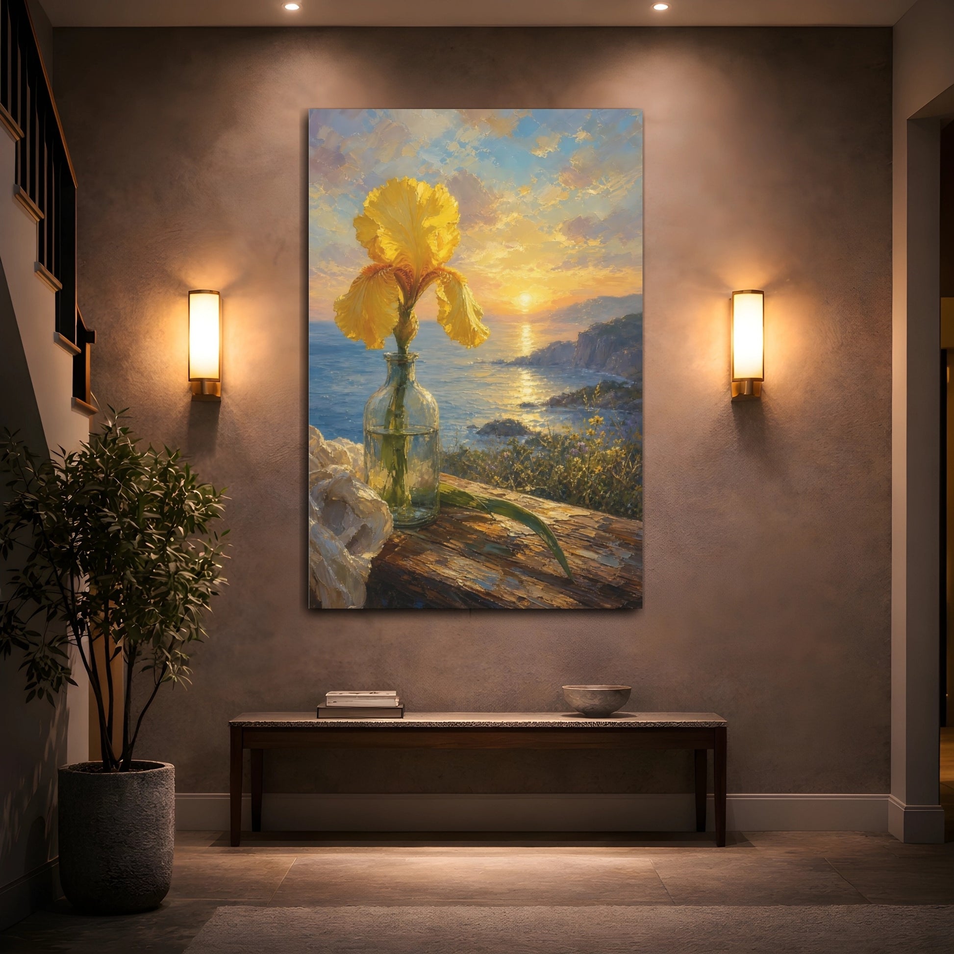Mockup 2. Floral Yellow Iris Yellow Floral Sunset shown as stretched canvas wall art
