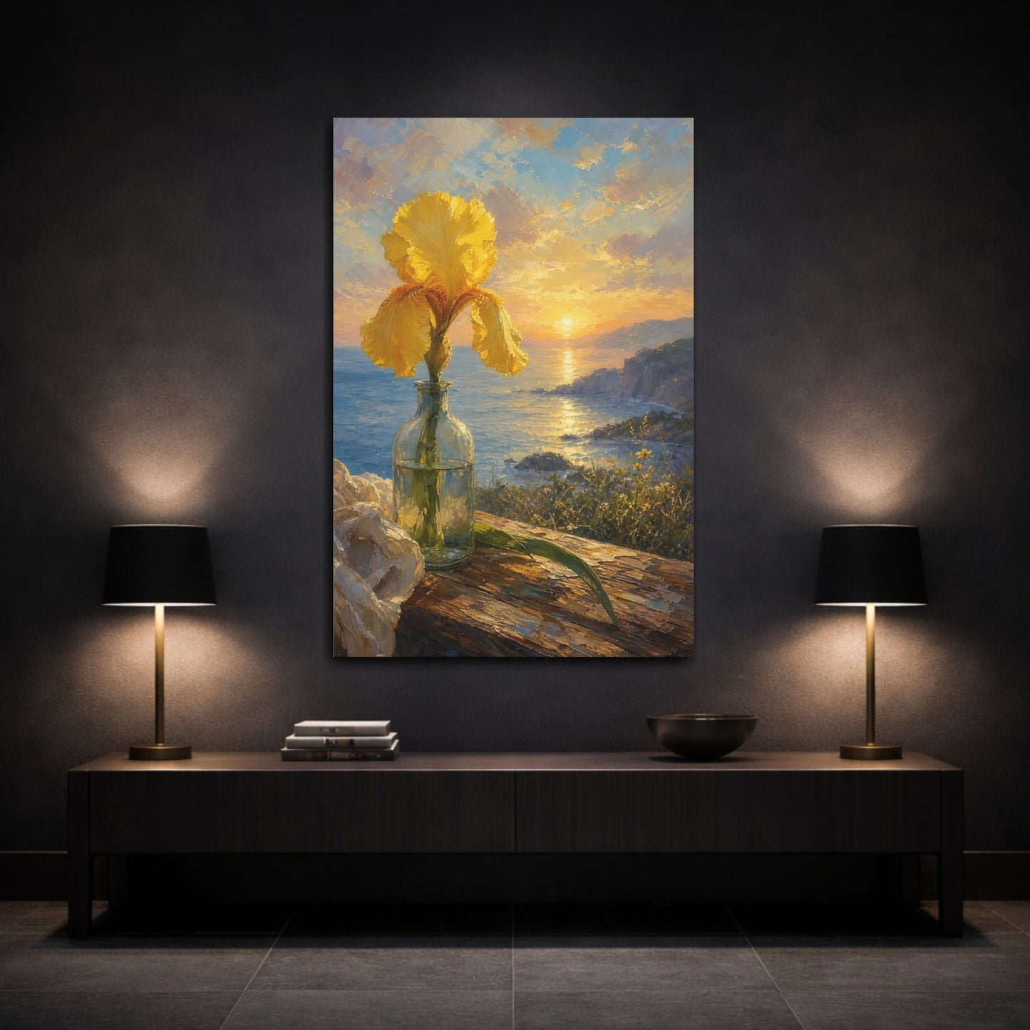 Mockup 3. Floral Yellow Iris Yellow Floral Sunset shown as stretched canvas wall art