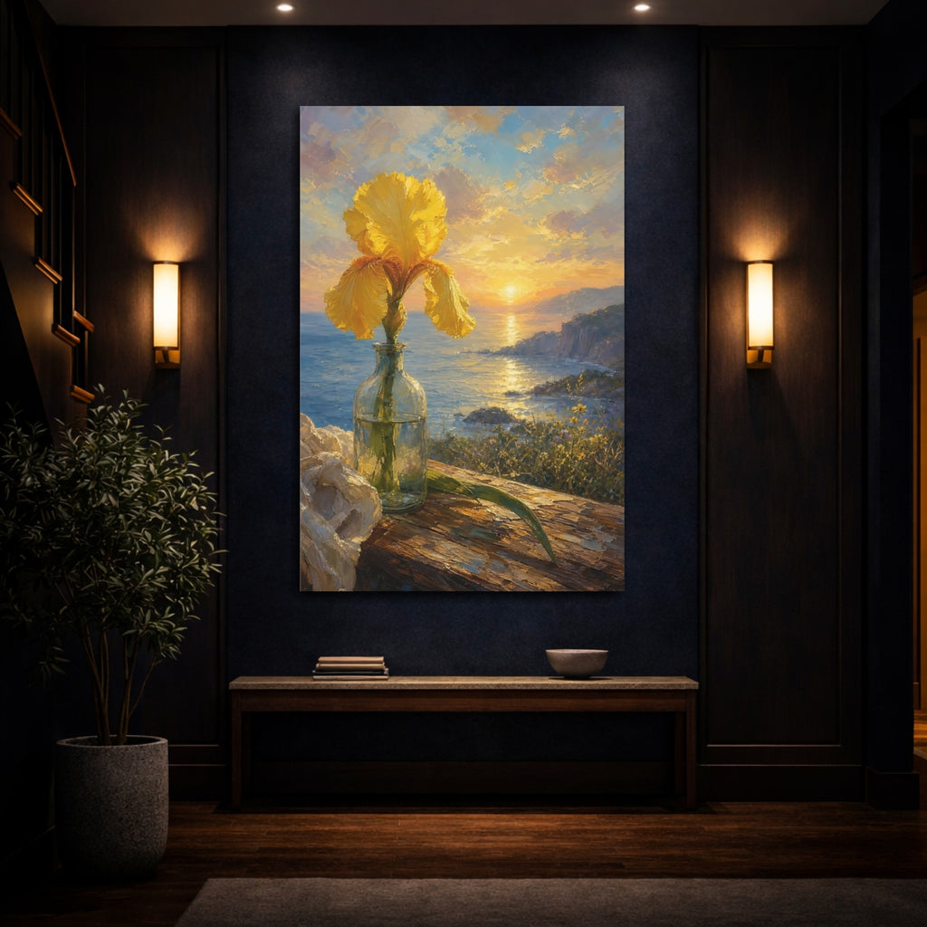 Mockup 4. Floral Yellow Iris Yellow Floral Sunset shown as stretched canvas wall art