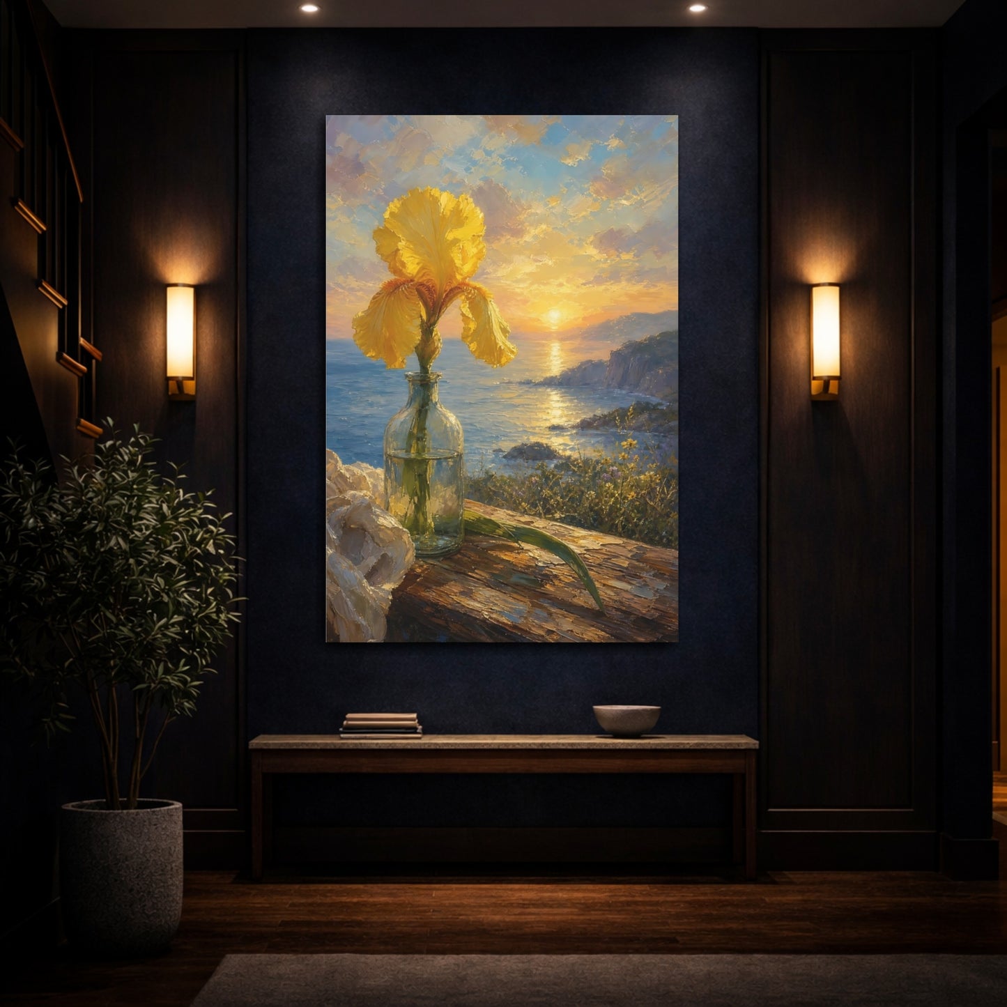 Mockup 4. Floral Yellow Iris Yellow Floral Sunset shown as stretched canvas wall art