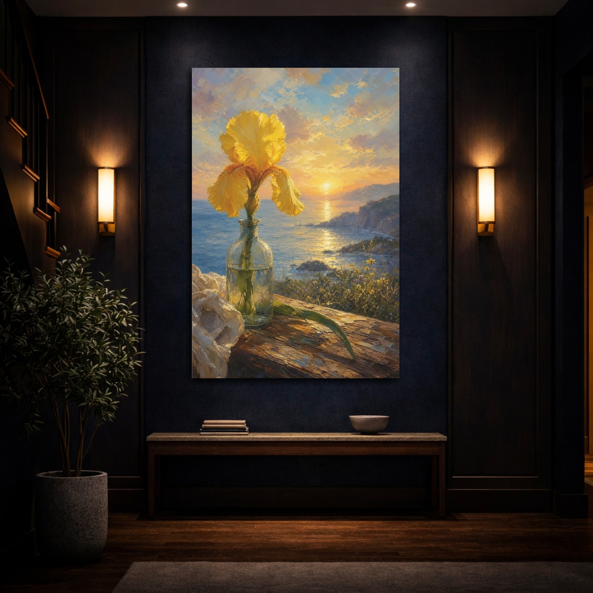 Mockup 4. Floral Yellow Iris Yellow Floral Sunset shown as stretched canvas wall art