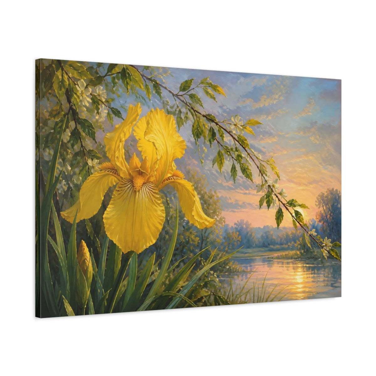 Main Mockup. Floral Yellow Iris Yellow Iris Sunset shown as stretched canvas wall art