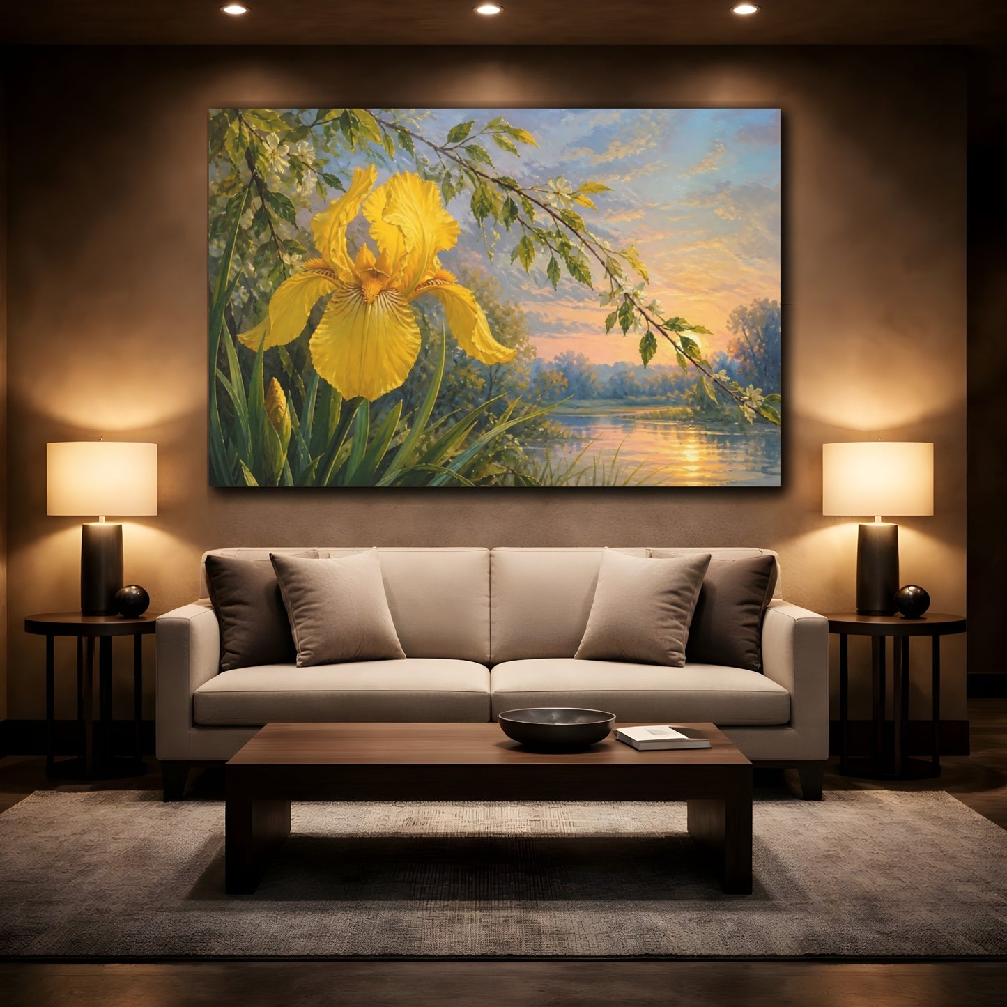 Mockup 2. Floral Yellow Iris Yellow Iris Sunset shown as stretched canvas wall art