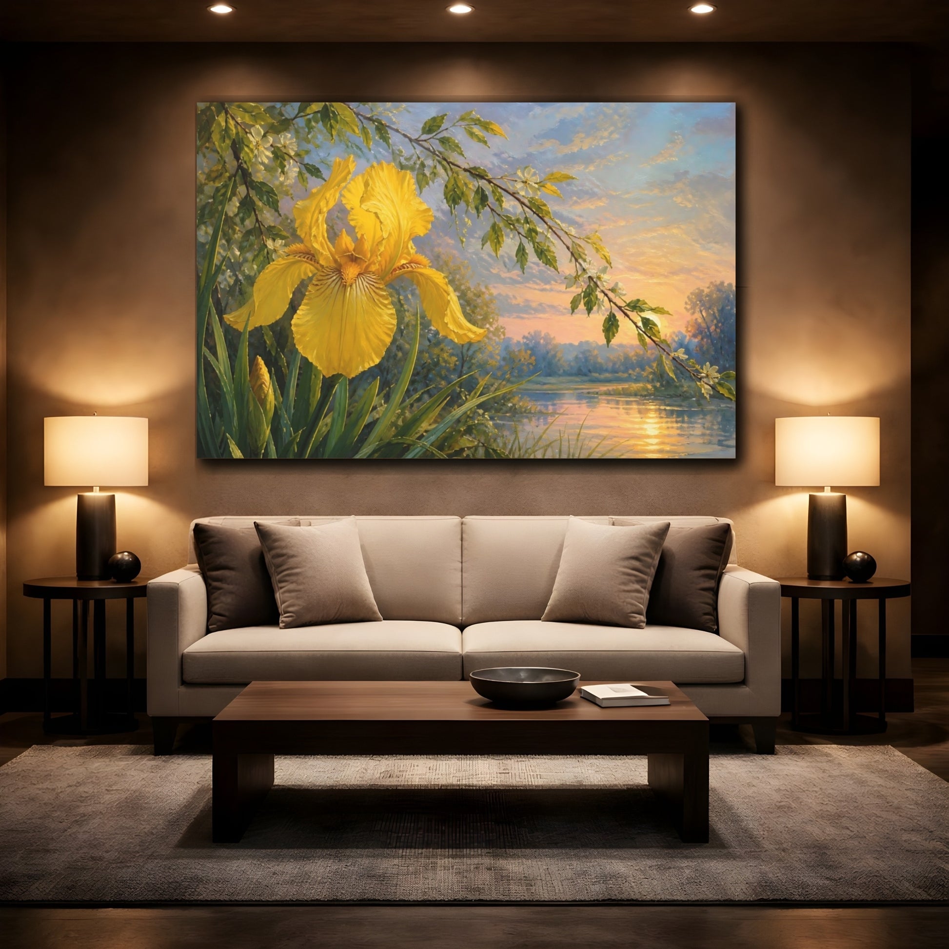 Mockup 2. Floral Yellow Iris Yellow Iris Sunset shown as stretched canvas wall art
