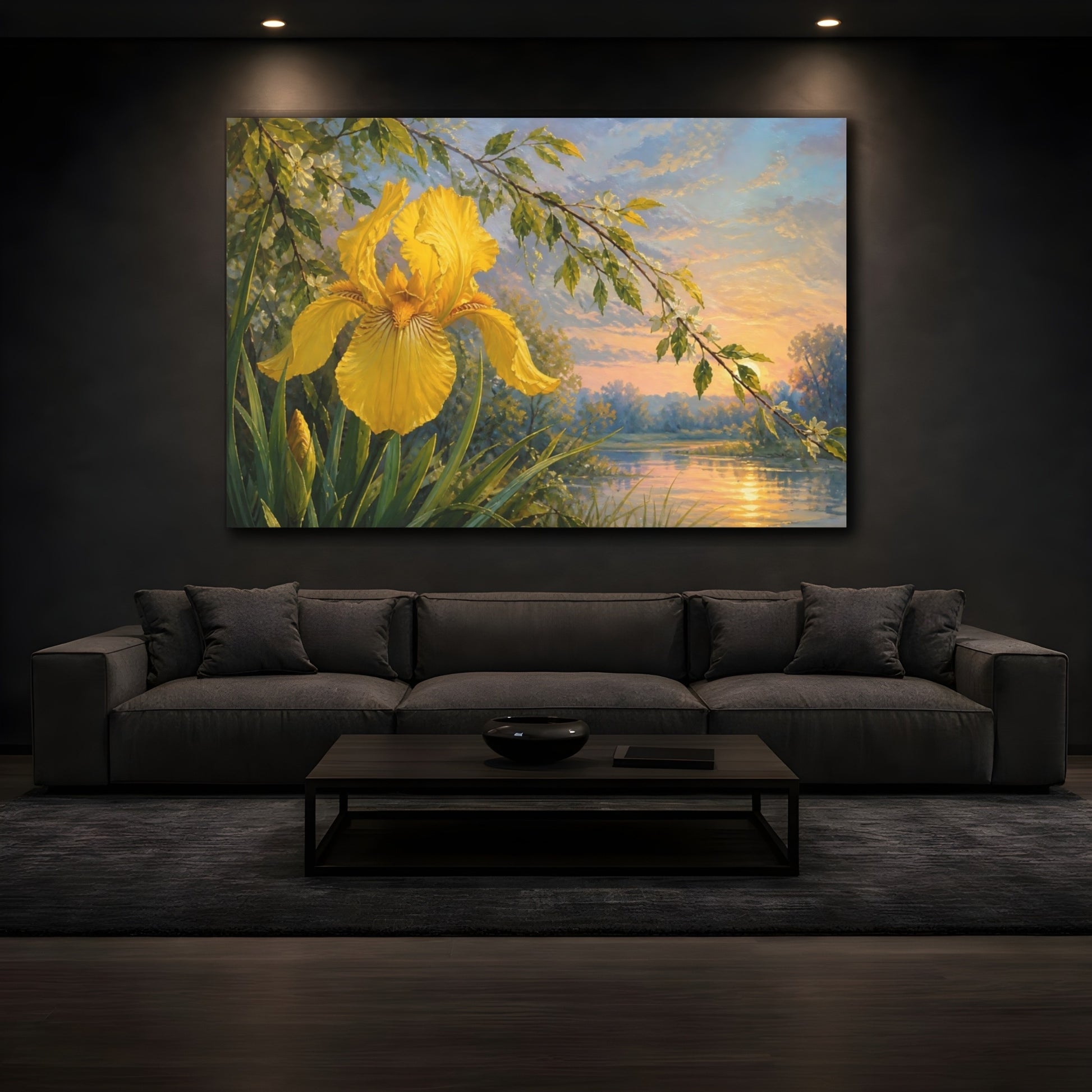 Mockup 3. Floral Yellow Iris Yellow Iris Sunset shown as stretched canvas wall art