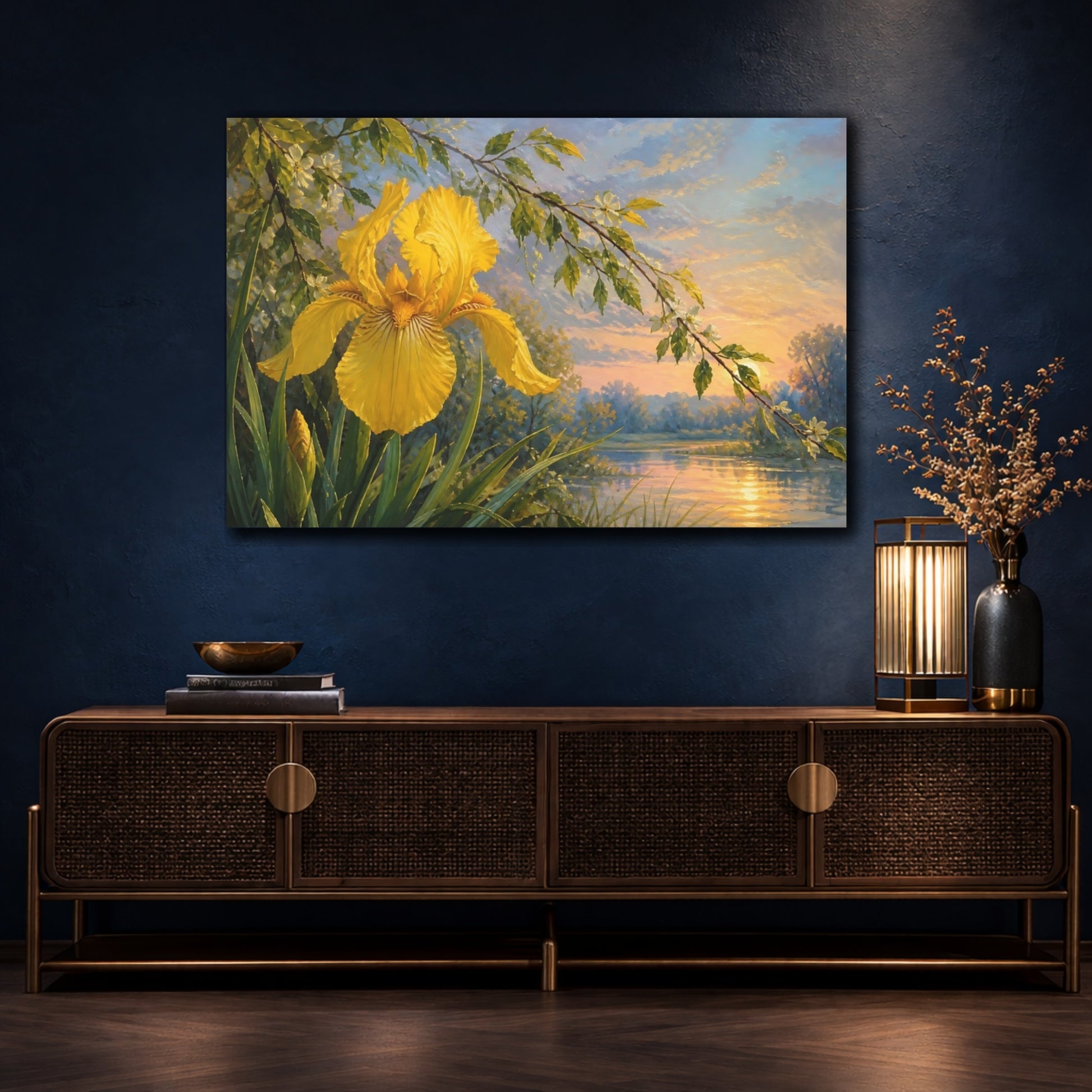 Mockup 4. Floral Yellow Iris Yellow Iris Sunset shown as stretched canvas wall art