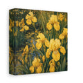 Side Mockup 2. Floral Yellow Irises Yellow And Green shown as stretched canvas wall art