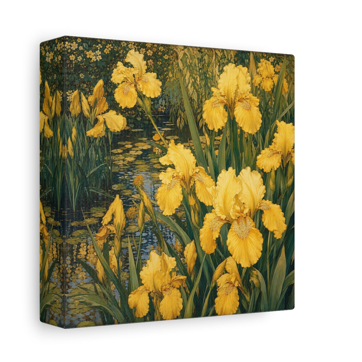 Side Mockup 2. Floral Yellow Irises Yellow And Green shown as stretched canvas wall art