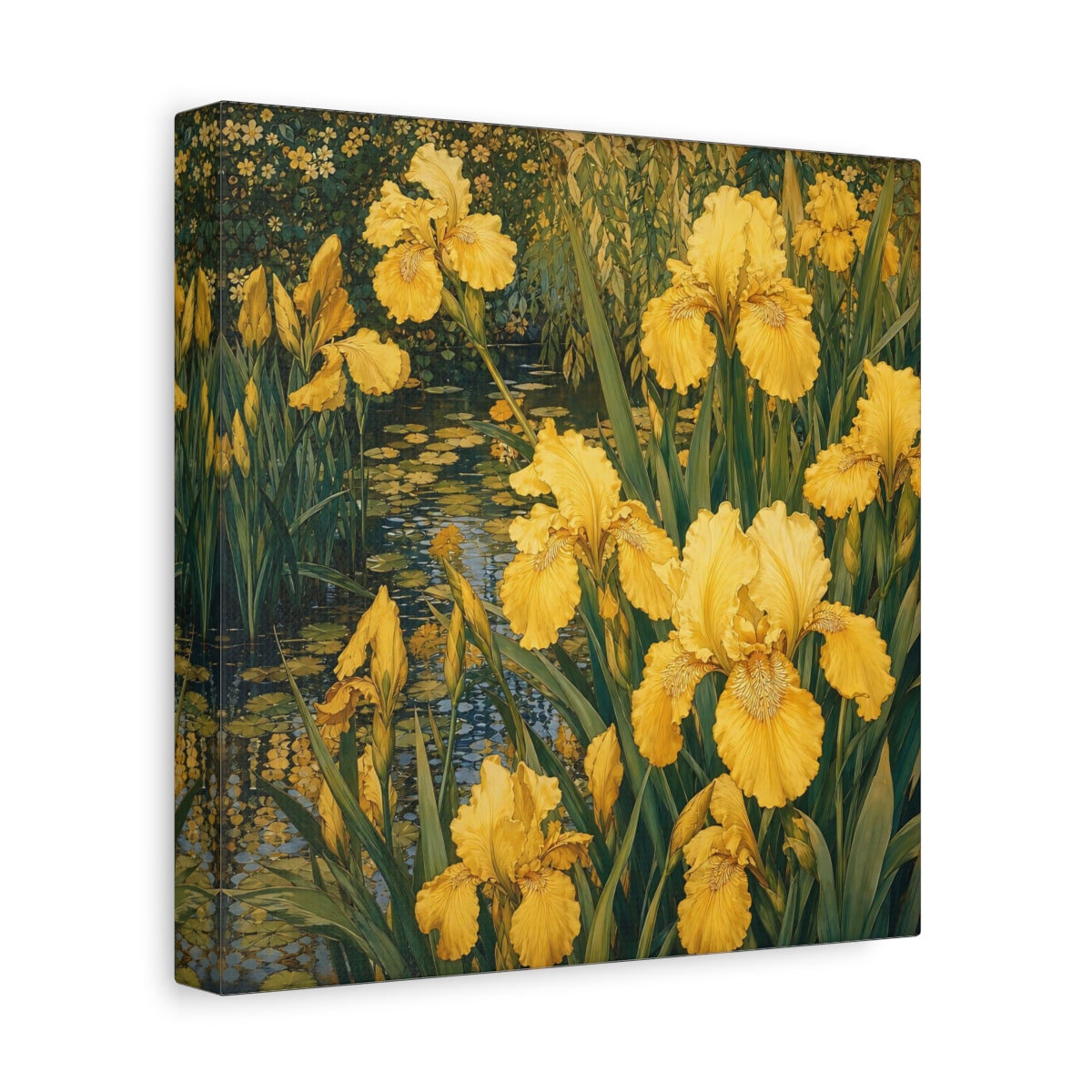 Side Mockup 9. Floral Yellow Irises Yellow And Green shown as stretched canvas wall art