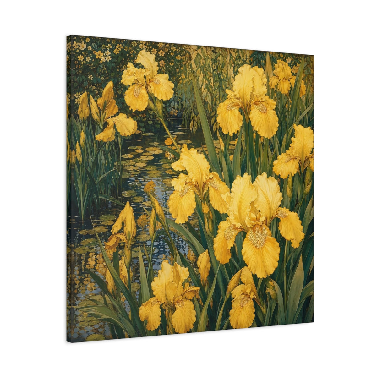 Side Mockup 3. Floral Yellow Irises Yellow And Green shown as stretched canvas wall art