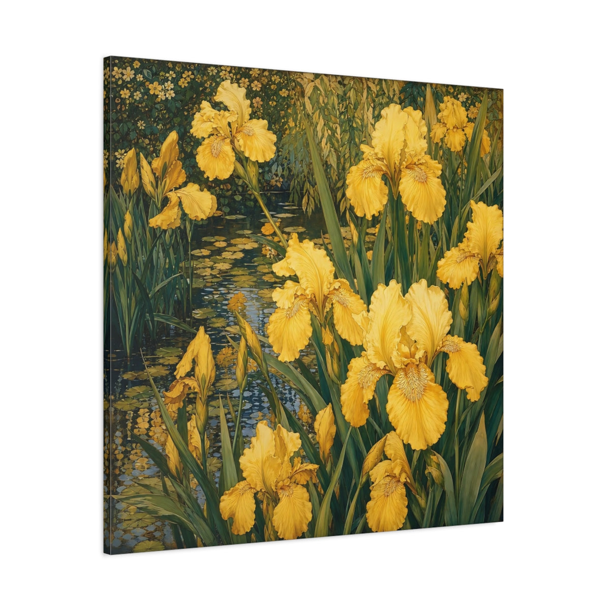 Side Mockup 1. Floral Yellow Irises Yellow And Green shown as stretched canvas wall art