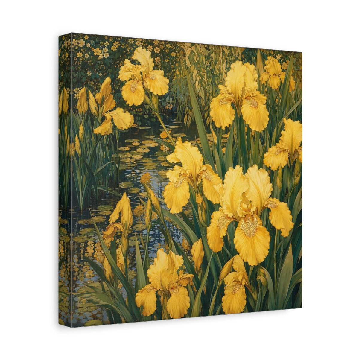 Side Mockup 8. Floral Yellow Irises Yellow And Green shown as stretched canvas wall art