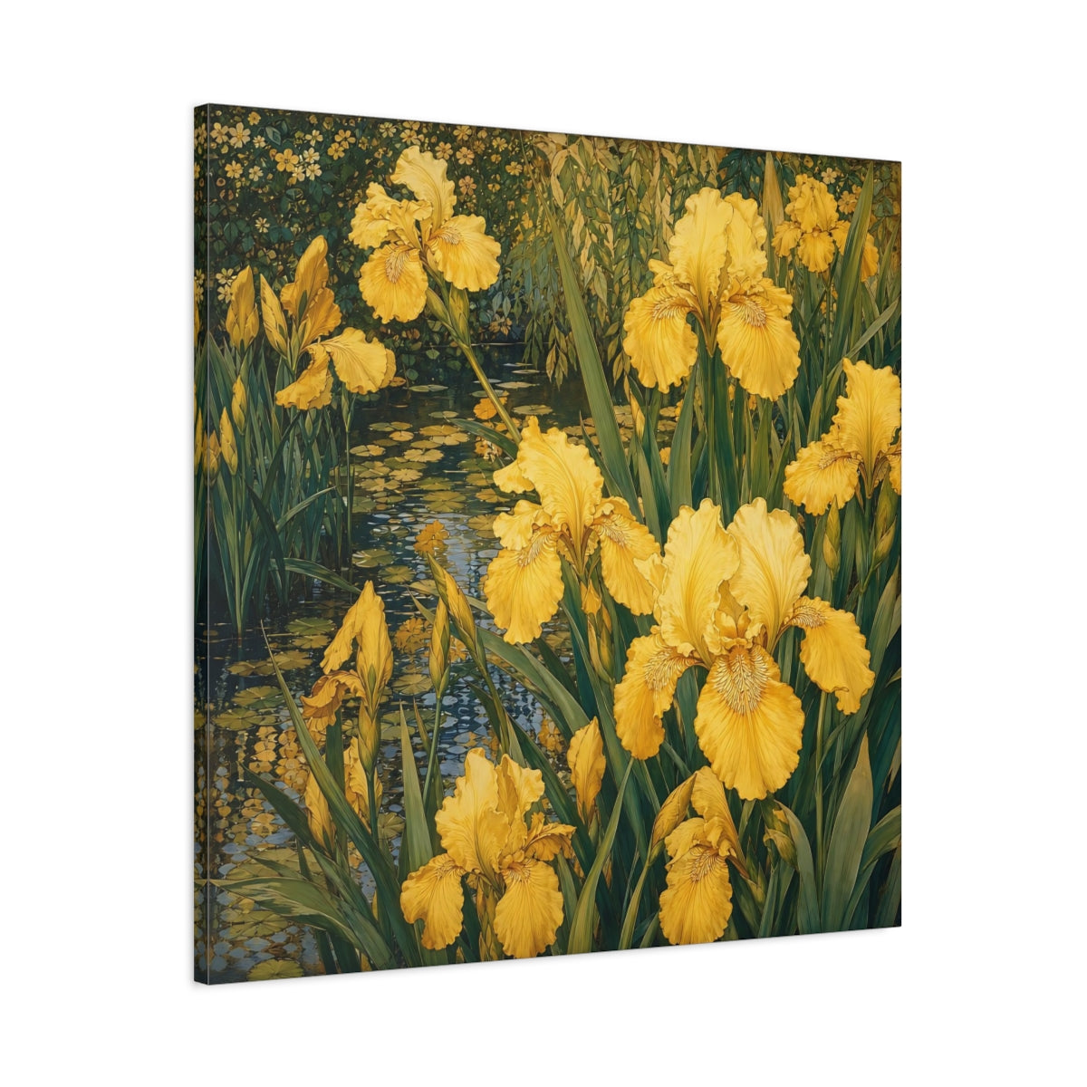 Main Mockup. Floral Yellow Irises Yellow And Green shown as stretched canvas wall art