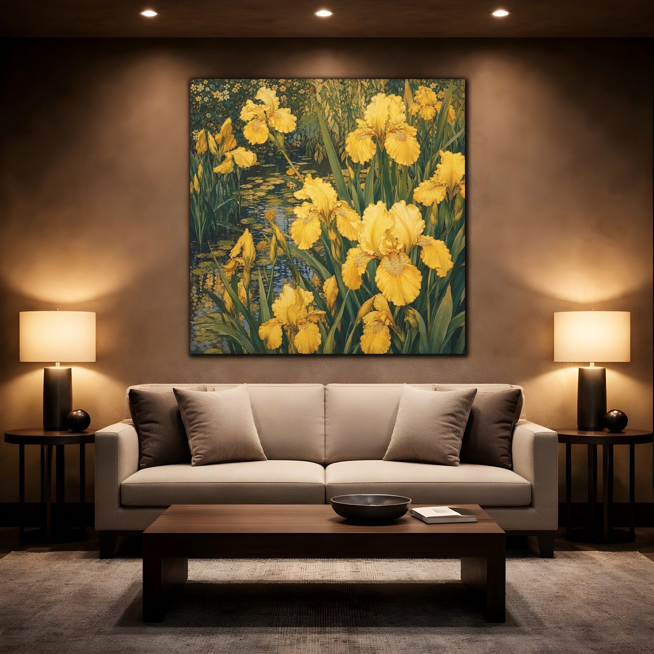 Mockup 2. Floral Yellow Irises Yellow And Green shown as stretched canvas wall art