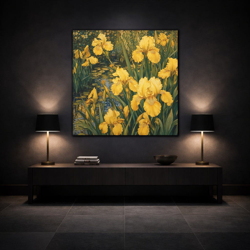 Mockup 3. Floral Yellow Irises Yellow And Green shown as stretched canvas wall art