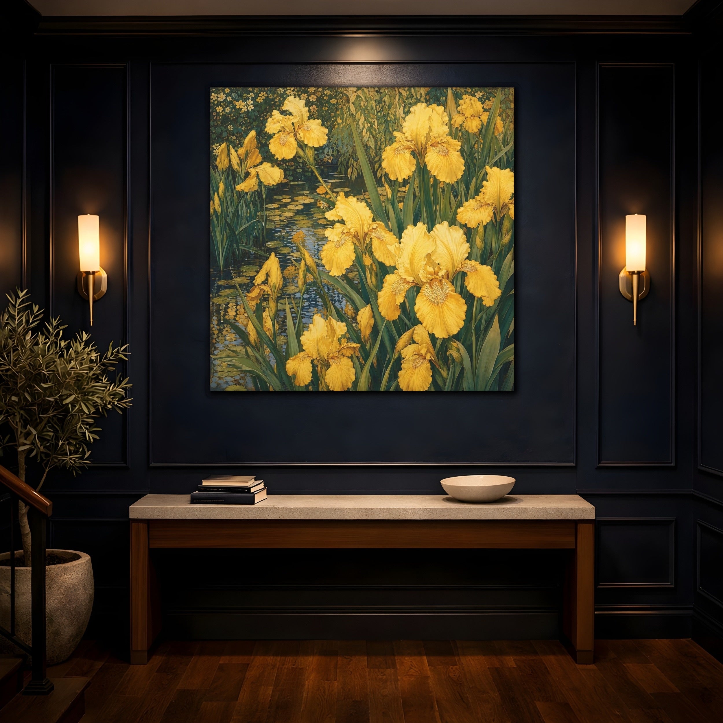 Mockup 4. Floral Yellow Irises Yellow And Green shown as stretched canvas wall art