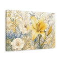 Side Mockup 4. Floral Yellow Lily Yellow Blue Floral shown as stretched canvas wall art