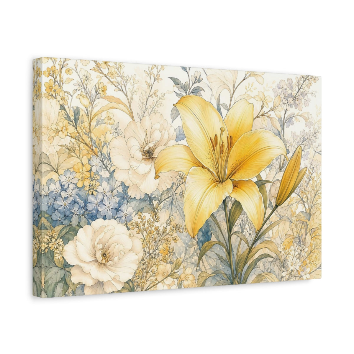 Side Mockup 4. Floral Yellow Lily Yellow Blue Floral shown as stretched canvas wall art